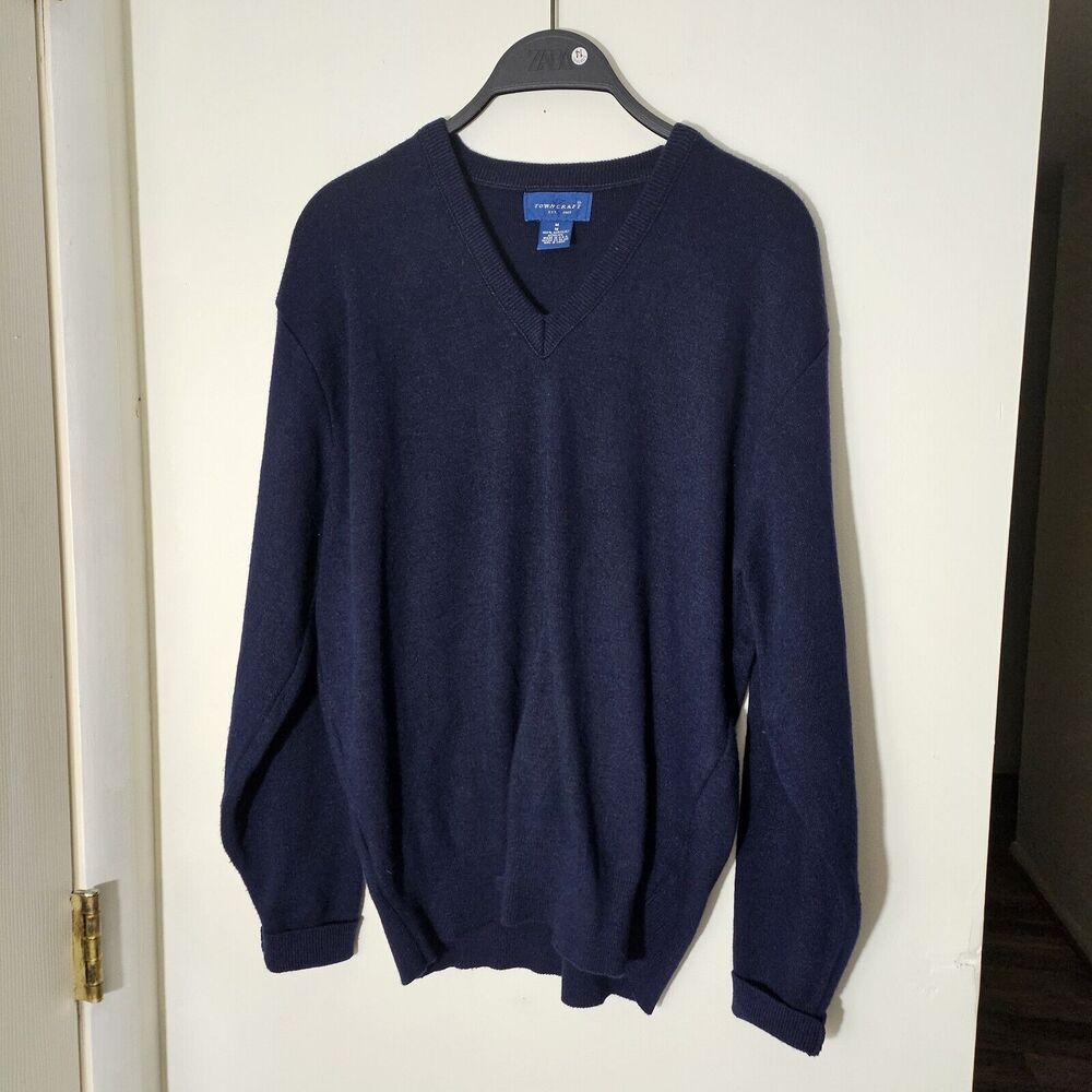 Vintage 80s Towncraft Mens V-Neck Acrylic Sweater Size M Navy Made In USA